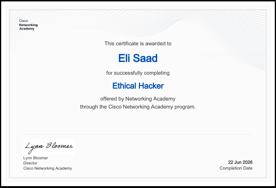 Ethical Hacker certificate awarded to Eli Saad by Cisco Networking Academy